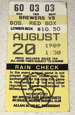 Boleto de los Medias Rojas de Boston Milwaukee Brewers MLB Molitor Yount Boggs Hit 20/08/89 Foto 1 de 2