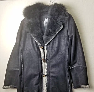 Skea black maxi over coat women's 10 plush faux sheep skin fur detachable collar - Picture 1 of 24
