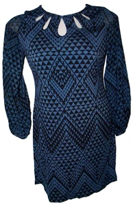 Danny & Nicole Blue Black Geometric Keyhole Neck LS Bodycon Dress Women's M - Picture 1 of 9
