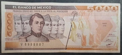 1987 Mexico 5000 Pesos P88b, Serie  HS V6988887. - Image 1 of 3