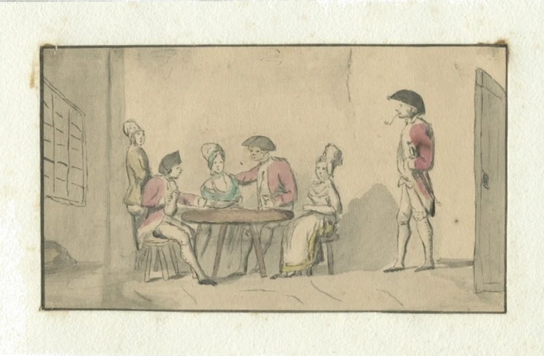 Scène de taverne , 18ème - Dessin original ancien à la plume, encre et aquarelle - Photo 1/1