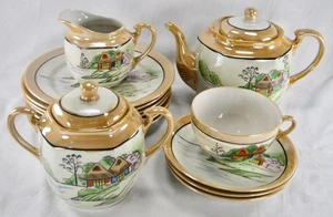 Tea Service Set Peach Luster Japan Vintage 13 Piece Minka Water Trees (O2) AS IS - Picture 1 of 12
