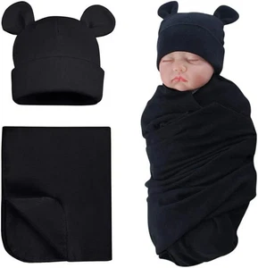 Newborn Baby Swaddle Wrap Blanket, with Hat, Soft Cotton, for 0–3 Months Infant - Picture 1 of 12