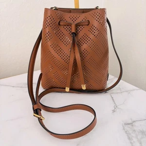 Bolso Lauren Ralph Lauren Debby Cuero Perforado con Cordón Marrón Tostado Usado en Excelente Condición Para Mujer - Imagen 1 de 7
