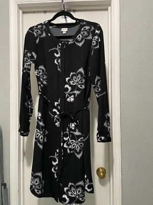 NUEVO SIN ETIQUETAS: Vestido Merona Mujer Talla M Negro Blanco Floral Botón Delantero Manga Larga Foto 1 de 4