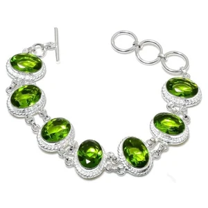 Green Peridot Gemstone Handmade 925 Sterling Silver Jewelry Bracelet Size 7-8" - Picture 1 of 1