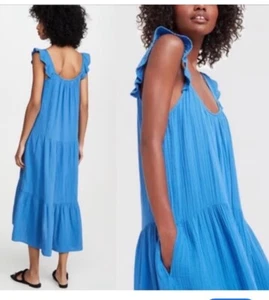 XIRENA KLEID L RUMER BLAU BAUMWOLLE GAZE MIDI Coastal Rüschen U-Ausschnitt Stufen - Bild 1 von 6
