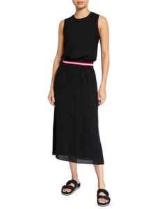 Theory Black Lewie Silk Midi Dress with Striped Waistband Sleeveless Crew Neck M - Picture 1 of 9
