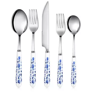 5 tlg. Chinoiserie Silberbesteck Set Blau und Weiß Porzellan Silberbesteck Edelstahl... - Bild 1 von 6