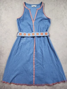 Tory Burch Krepon Kleid Damen 4 blau Savanne bestickt ärmellos Quaste zum Binden - Bild 1 von 20