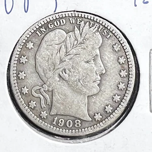 1908-S BARBER QUARTER ~ LIBERTY FULL BUT WEAK ~ FINE ~ KEY DATE - Picture 1 of 2