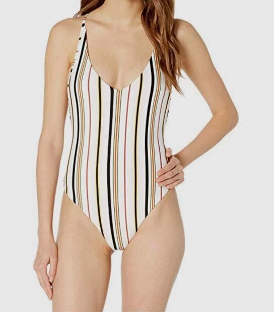 Volcom Women's White Stripe Racerback One Piece Swimsuit Size S