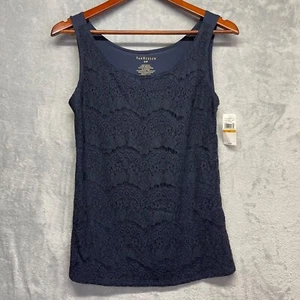 New NWT Van Heusen Womens Small Tank top Lined Lace Dark Navy Blue Tiered Lace - Picture 1 of 6
