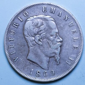 VITTORIO EMANUELE II 5 LIRE 1869 MILANO QBB ARGENTO SILVER COIN REGNO ITALIA - Imagen 1 de 2