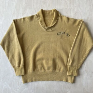 Vintage Shawl Collar Sweatshirt Sigma Nu Fraternity Ribbed 60s Mustard Yellow M - Picture 1 of 9