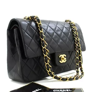 p32 CHANEL Authentic Classic Double Flap 10" Chain Shoulder Bag Black Lambskin - Picture 1 of 21