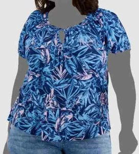 Style & Co Women's Plus Size 1X Blue Floral Printed Puff-Sleeve Shirt Top NWT - Picture 1 of 3