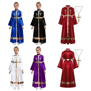 Girls Nun Dress Bell Sleeve Religious Ceremonies Outfits Cross Necklace Robe - Picture 1 of 42