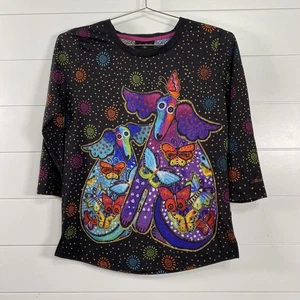 Laurel Burch Shirt Womens Medium Black Colorful 3/4 Sleeve Dog Butterfly Graphic - Picture 1 of 12