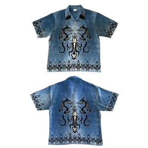 Vintage Y2K No Boundaries blau Tribal Dragon Flames AOP Knopfleiste Hemd Herren Large - Bild 1 von 8