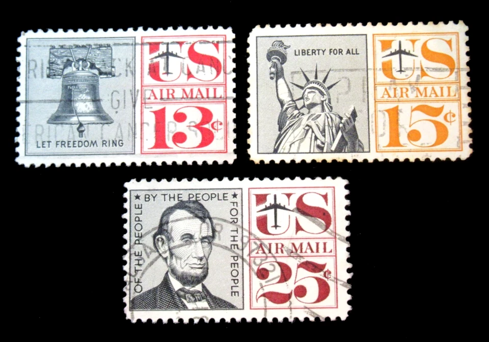 US Air Mail Stamp Scott C59 and C62 and C63 25 Cent 13 Cent 15 Cent No Gum - Image 1 of 2