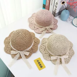 Baby Lace Ribbon Beach Floppy Straw Hat Foldable Summer Girls Wide Brim Sun Hat - Picture 1 of 15