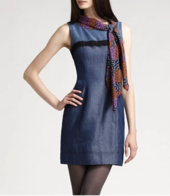 Vestido Z Spoke Zac Posen Denim Traje Funda Seda Bufanda Cremallera Trasera Mujer Talla 2 Foto 1 de 4