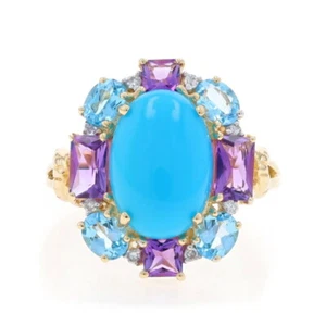 Yellow Gold Turquoise Amethyst Topaz Halo Ring -14k Oval Cabochon 1.34ctw Floral - Picture 1 of 9