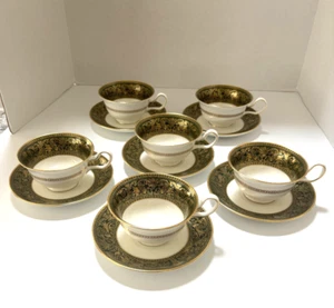 Set (6) Vintage Wedgwood Florentine "Arras Green" W4170 Cups & Saucers - Picture 1 of 7
