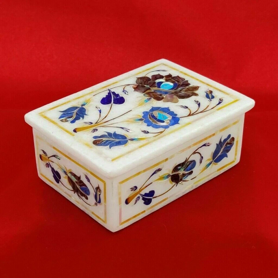 4"x 3"x 2" Marble Jewelry Box Multi Color Semi Precious Stone Handmade Gift - Image 1 of 1