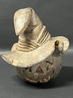 VINTAGE CARVED WOOD PUMPKIN GHOST PAPERMACHE MOLD - Image 1 of 4