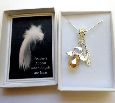 Remembrance Necklace Feathers Appear When Angels are Near Crystal Angel +Feather - Image 1 of 2