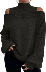 Women's Casual Cable Knit Long Sleeve Ribbed Mock Neck Cold Shoulder Pullover - Picture 1 of 14