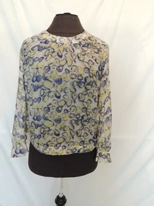 Francesca's Sz M Blouse Top Shirt Sheer Blue Yellow White Keyhole Back Long Slv - Picture 1 of 4