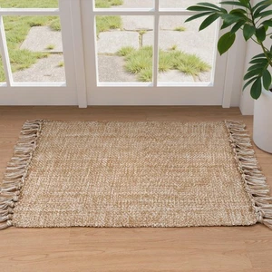 Small Bathroom Rug, 2' x 3' Hand-Woven Low Profile Front Entryway Rug, Tan Co... - Foto 1 di 8