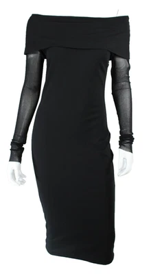FUZZI Black Jersey Sheer Mesh Sleeve Off-Shoulder Bodycon Midi Sheath Dress S - Image 1 of 4