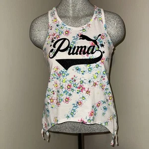 Puma sz M 8/10 Girls Sleeveless White Multi Color Floral Casual Top Glitter Logo - Picture 1 of 8