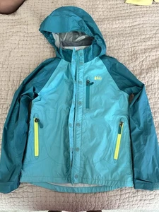REI Co-op Rain Coat Hooded Jacket Teal Blue Green Zip Pockets Size M (10/12) - Picture 1 of 3