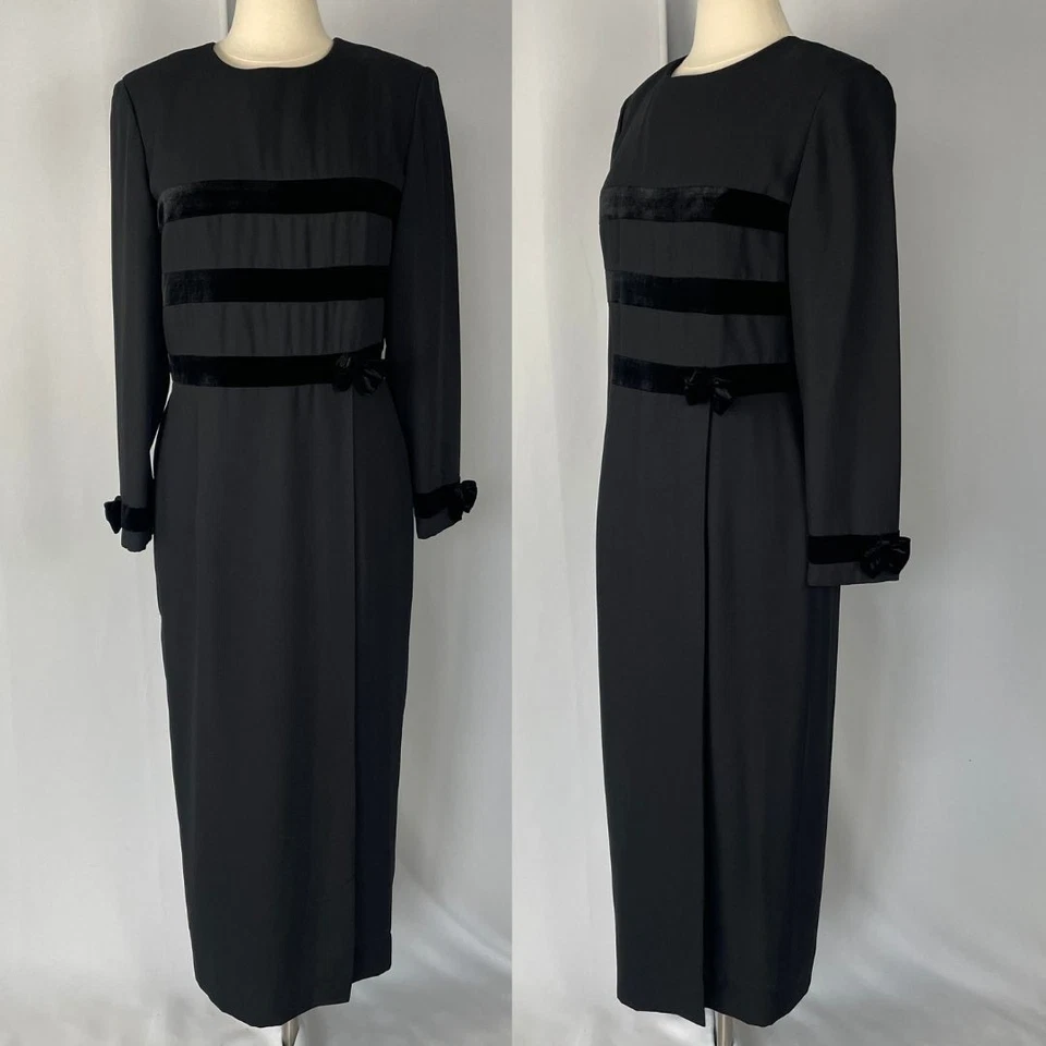 Vintage Maxi Dress Size 12 Black Solid Long Sleeve Bows Gothic Dark Academia 90s - Image 1 of 4