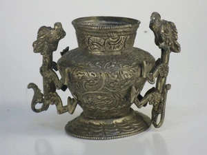 Antique REPOUSSE Silver Plate Tibetan Jar with Dragons Southeast Asia Brass Pots - Picture 1 of 1