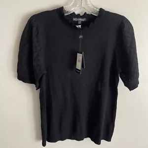 Top donna Adrianna Papell taglia S nero blusa manica occhiello collo arricciato nuovo con etichette $79 - Foto 1 di 4