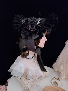 Victorian Hat for Women Gothic Lolita Black Bonnet Hat with Florals for Parties