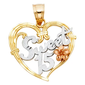 14K Tri Tone Gold 15 Years Quinceanera Heart Charm Pendant For Necklace Chain - Picture 1 of 4