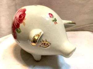 Vintage Pig Piggy Bank Floral Ceramic Pink and white roses 5" x 8" - Picture 1 of 8