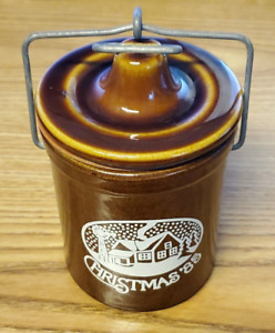 Brown Stoneware Cheese Crock Vintage Christmas 1985 Wire Bail Handle Clamp Lid