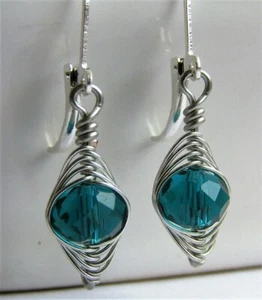 Wire Wrapped Teal Chinese Crystal Silver LEVERBACK Earrings USA Handmade - Picture 1 of 10