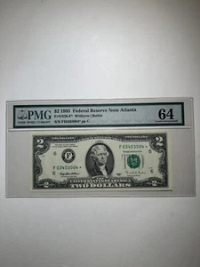 Federal Reserve Note Atlanta $2 1995 Withrow | Rubin Choice Uncirculated 64 - Picture 1 of 2