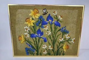 Vintage 70s Crewel Embroidery Floral Flowers Bee, Blue Iris & Daffodil Wall Art - Picture 1 of 9