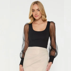Velvet Polkadot Contrast Sleeve Top - Black - Picture 1 of 4