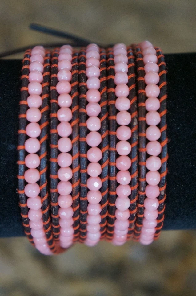 NUEVO Diseñador Chan Luu Rosa Facetado Piedras SemiPreciosas Cuero 5 Envolturas Pulsera Foto 1 de 3